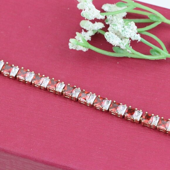 "Elegant Red & White Baguette Rose Gold Bracelet for Women, XPBL1024 - Picture 11 of 12